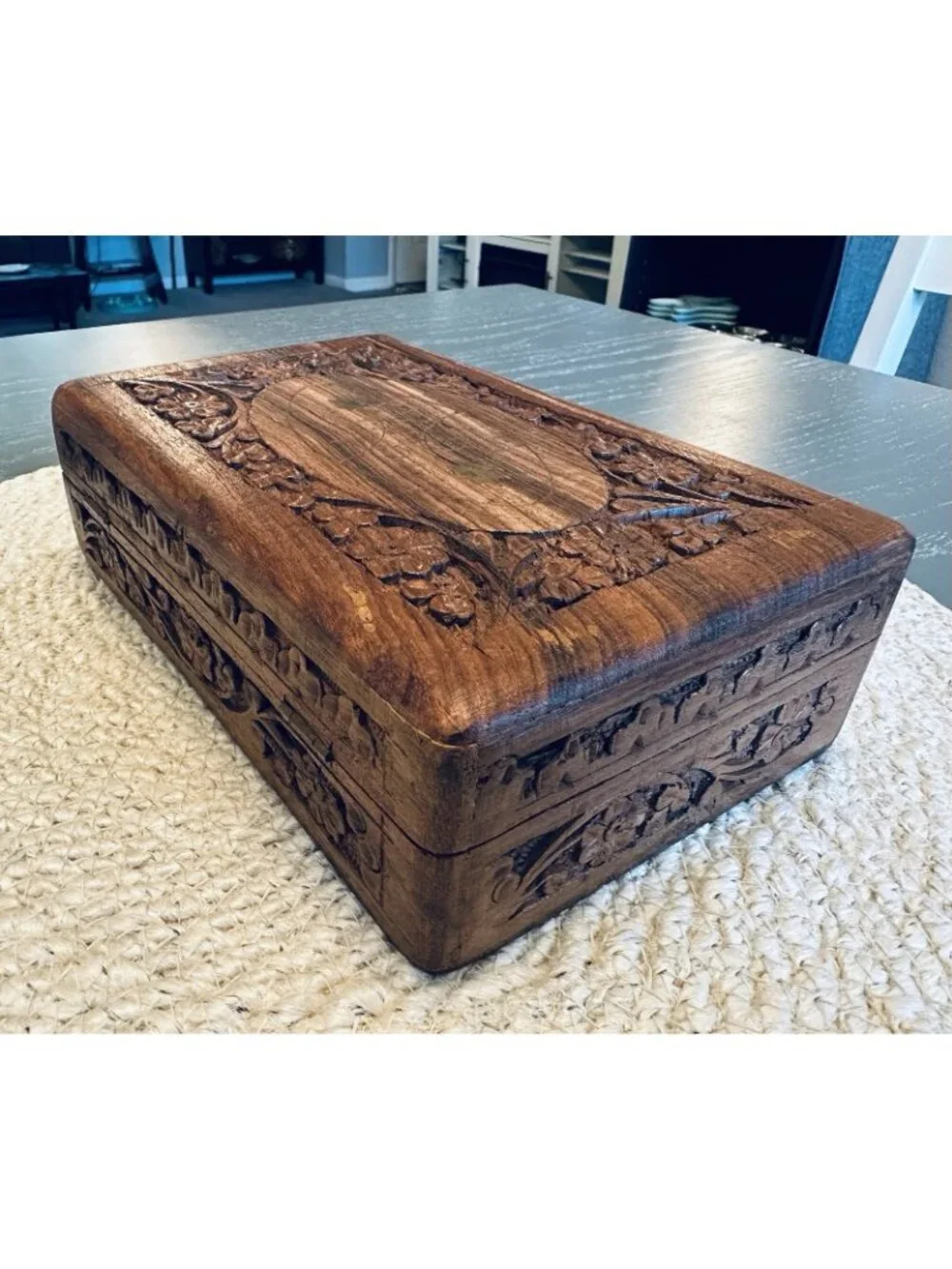 Vintage Carved Wooden Trinket Box Made in India Hinged Lined with Brass Inlay 8”